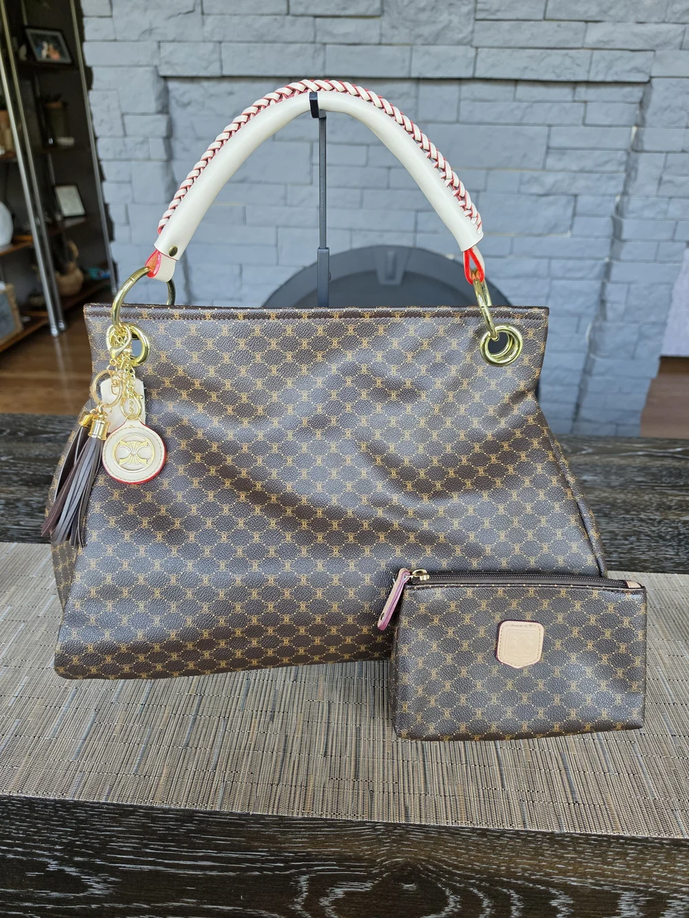 Brown Patterned Tote Bag with Wrist Pouch - Brown